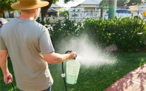 Low-maintenance lawn care - Man watering his lawn with eco friendly lawn care solutions